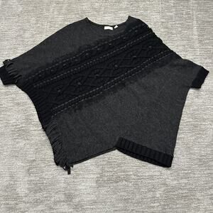 Sleeping On Snow Cape Sweater Womens M/L Gray Fringe Cable Knit Alpaca Poncho